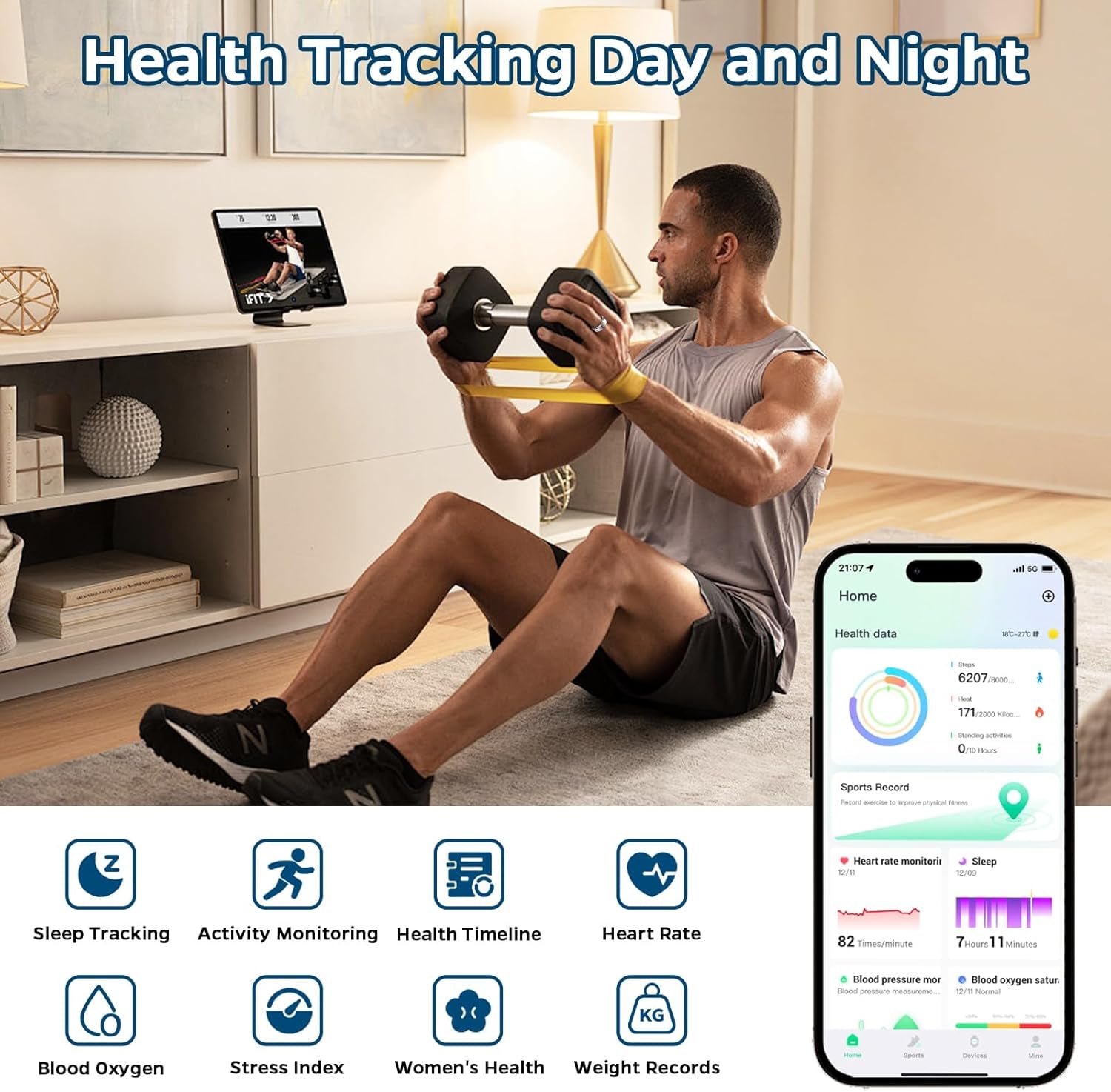 Smart Health Tracking Ring with Sleep and Heart Rate Monitoring, Waterproof Fitness Activity Tracker, Gesture Control, 7-Day Battery Life, Compatible with iOS and Android (Black, Size #10)