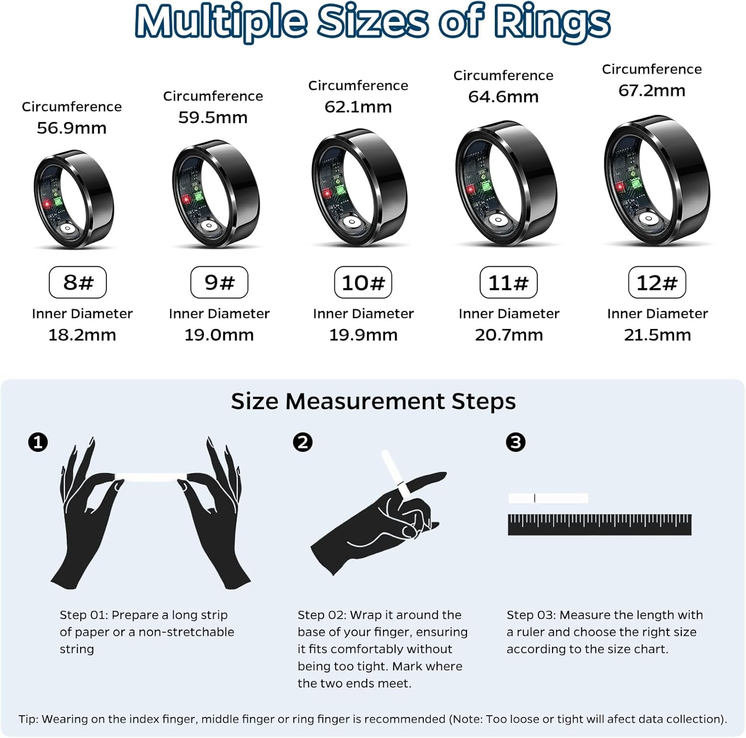 Smart Health Tracking Ring with Sleep and Heart Rate Monitoring, Waterproof Fitness Activity Tracker, Gesture Control, 7-Day Battery Life, Compatible with iOS and Android (Black, Size #10)