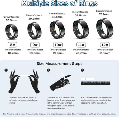 Smart Health Tracking Ring with Sleep and Heart Rate Monitoring, Waterproof Fitness Activity Tracker, Gesture Control, 7-Day Battery Life, Compatible with iOS and Android (Black, Size #10)